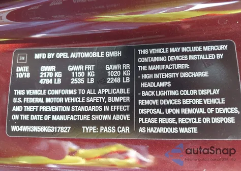 2019 Buick Cascada Premium from USA, damaged, VIN W04WH3N56KG317827